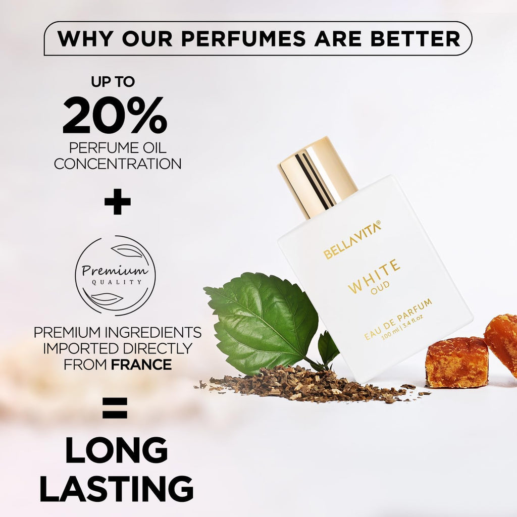Bellavita Luxury White Oud Eau De Parfum | 100 Ml (3.4 Fl.Oz.) | Perfume for Men and Women | Fruity, Artemisia Lemon, Freesia, and Tobacco Notes | Long Lasting Unisex Fragrance