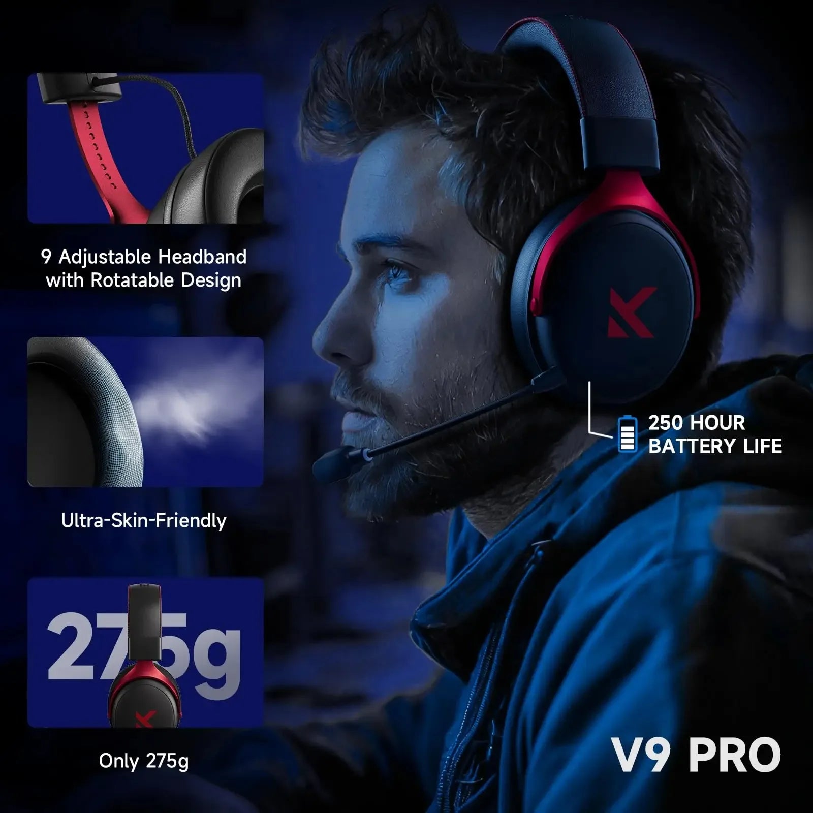 MCHOSE V9 Pro Wireless Gaming Headset – 7.1 Surround Sound, Noise Cancelling Mic