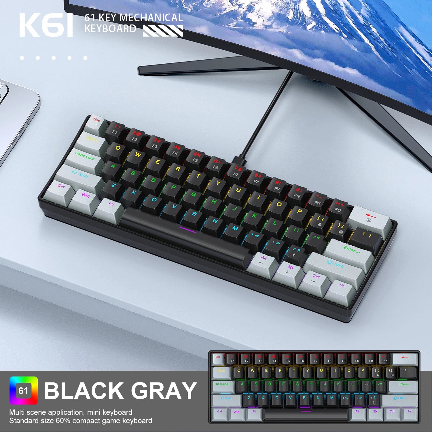 APAYADO K61 Mini Mechanical Keyboard – 60% Wired, 61 Keys, Phantom RGB