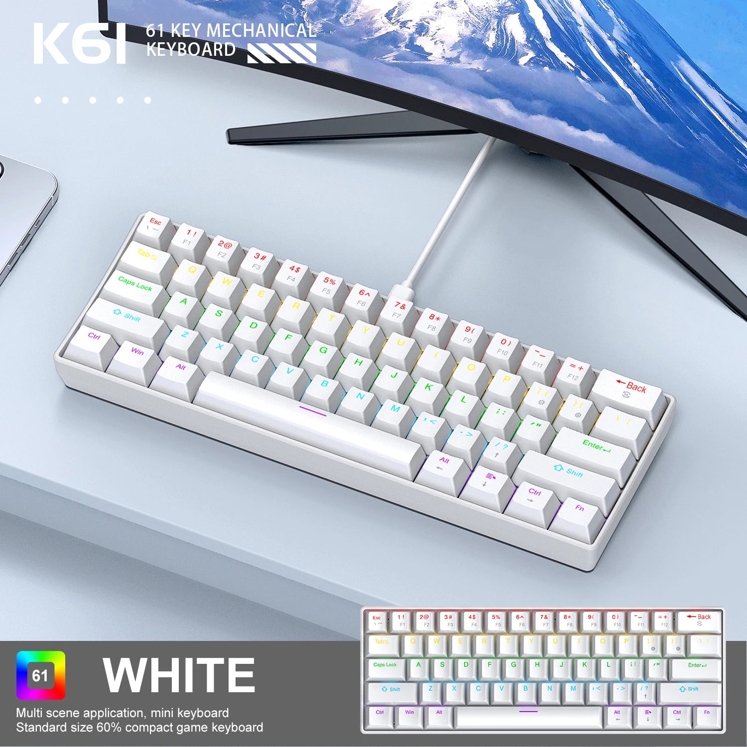 APAYADO K61 Mini Mechanical Keyboard – 60% Wired, 61 Keys, Phantom RGB