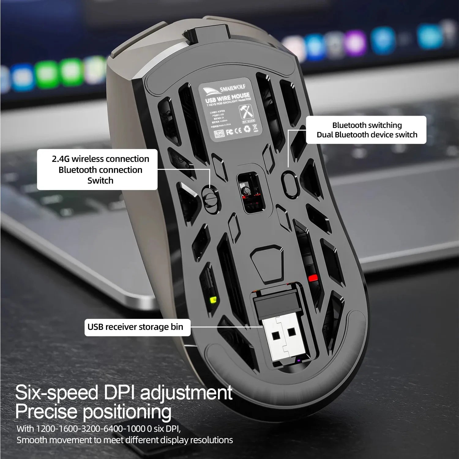 SmailWolf RS8 Wireless Gaming Mouse – Tri-Mode, Hollow Lightweight Design, 1000Hz