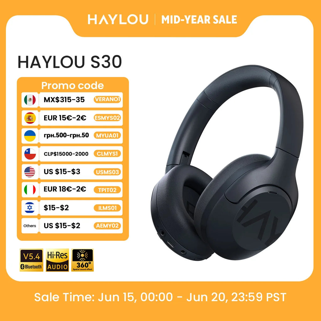 HAYLOU S30 Wireless Bluetooth 5.4 Headphones 43dB Adaptive Noise Cancelling Headsets 40mm Driver 80H Playtime Earphones